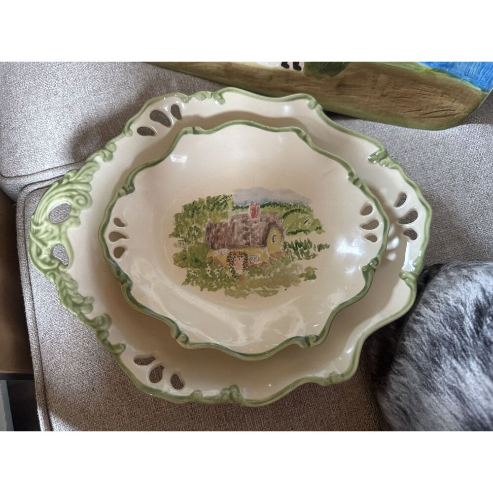 Two Pfaltzgraff  Cottage Platter Circle of Kindness Plates White Green Americana